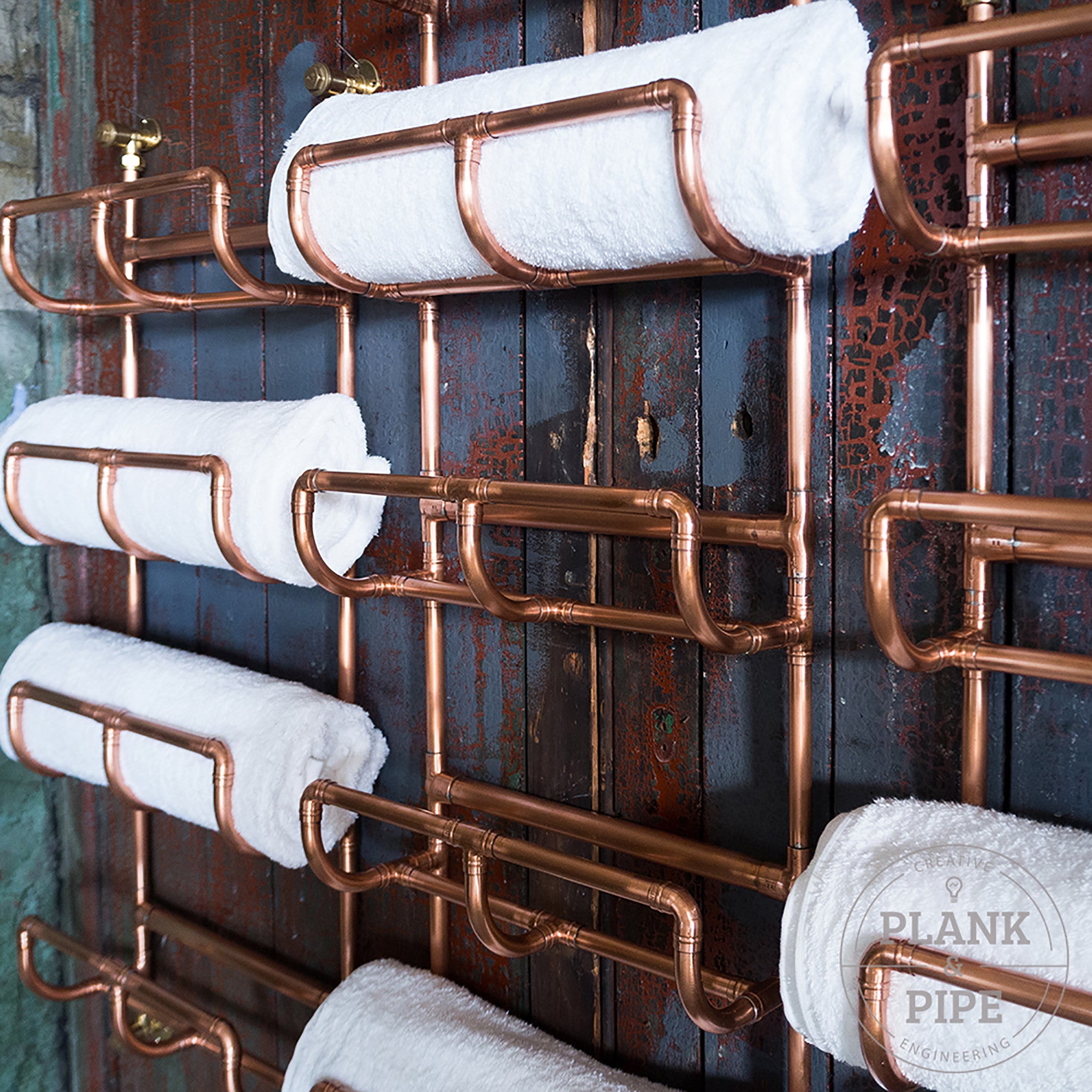 Close up of copper Towel Rack holding towels